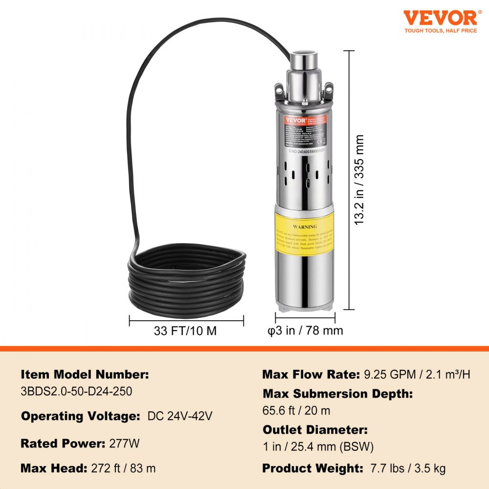 VEVOR Solar Water Pump, 24V DC 277W Submersible Deep Well Pump, Max Flow 9.25 GPM, Max Head 272 ft, Max Submersion 65.6 ft, Solar Powered Water Pump for Well, Farm Ranch Irrigation, Livestock Drinking 