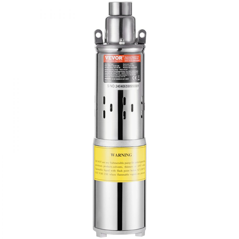 VEVOR Solar Water Pump, 24V DC 277W Submersible Deep Well Pump, Max Flow 9.25 GPM, Max Head 272 ft, Max Submersion 65.6 ft, Solar Powered Water Pump for Well, Farm Ranch Irrigation, Livestock Drinking 