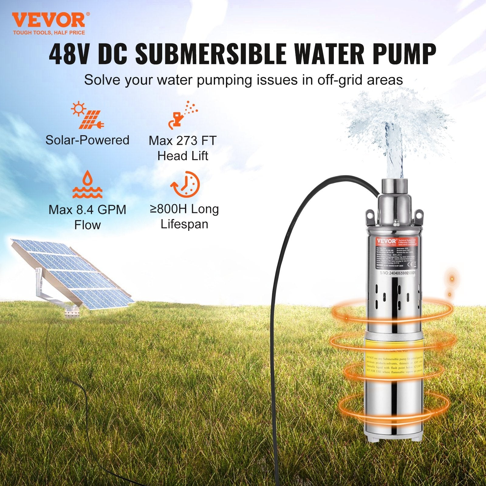 VEVOR Solar Water Pump, 48V DC 369W Submersible Deep Well Pump, Max Flow 8.4 GPM, Max Head 273 ft, Max Submersion 65.6 ft, Solar Powered Water Pump for Well, Farm Ranch Irrigation, Livestock Drinking 