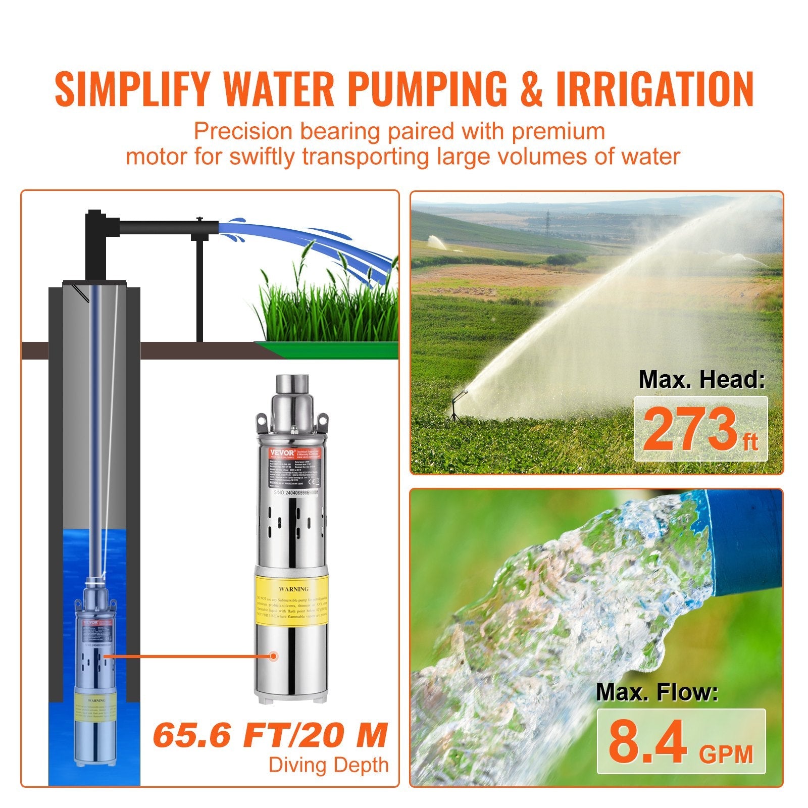 VEVOR Solar Water Pump, 48V DC 369W Submersible Deep Well Pump, Max Flow 8.4 GPM, Max Head 273 ft, Max Submersion 65.6 ft, Solar Powered Water Pump for Well, Farm Ranch Irrigation, Livestock Drinking 
