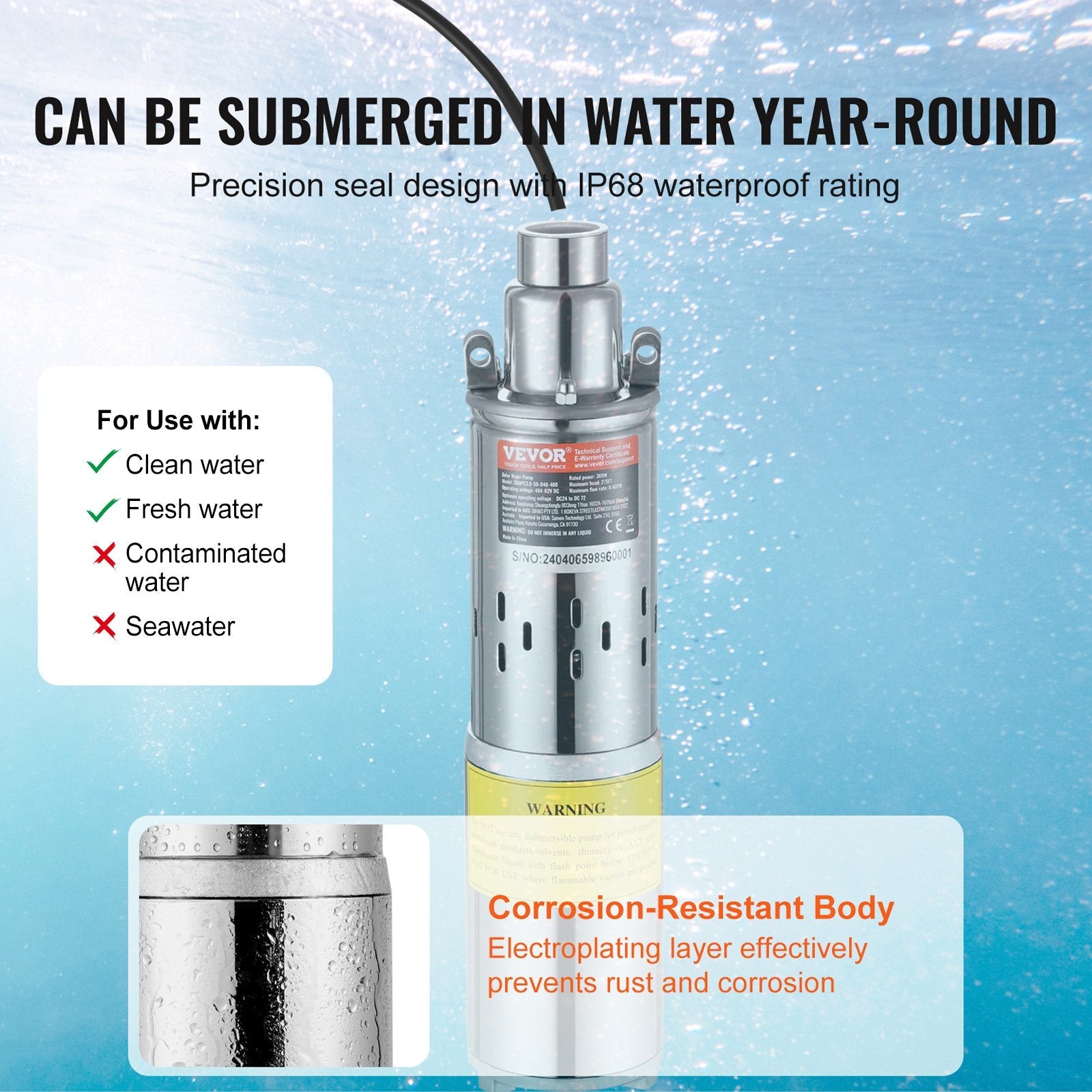 VEVOR Solar Water Pump, 48V DC 369W Submersible Deep Well Pump, Max Flow 8.4 GPM, Max Head 273 ft, Max Submersion 65.6 ft, Solar Powered Water Pump for Well, Farm Ranch Irrigation, Livestock Drinking 