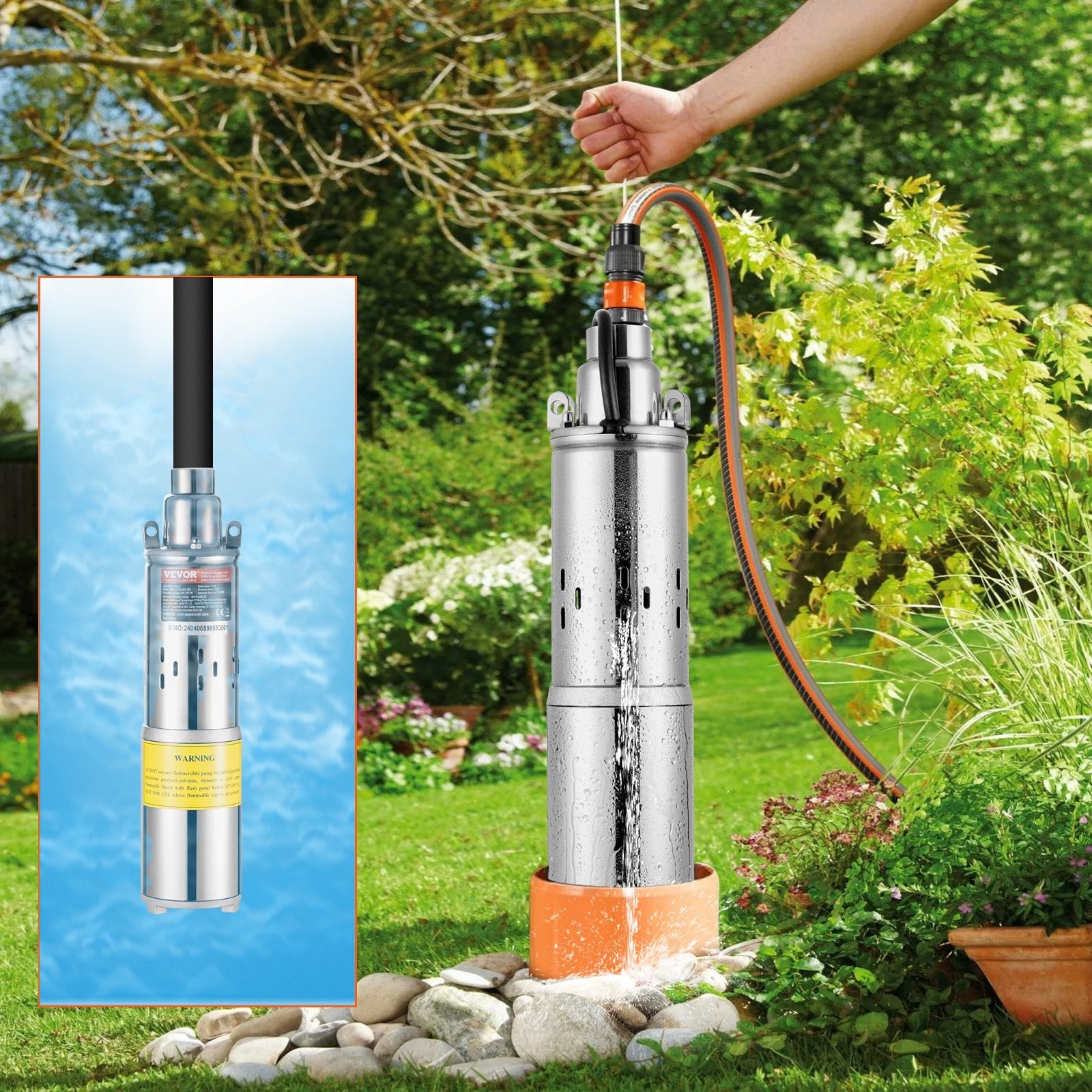 VEVOR Solar Water Pump, 48V DC 369W Submersible Deep Well Pump, Max Flow 8.4 GPM, Max Head 273 ft, Max Submersion 65.6 ft, Solar Powered Water Pump for Well, Farm Ranch Irrigation, Livestock Drinking 