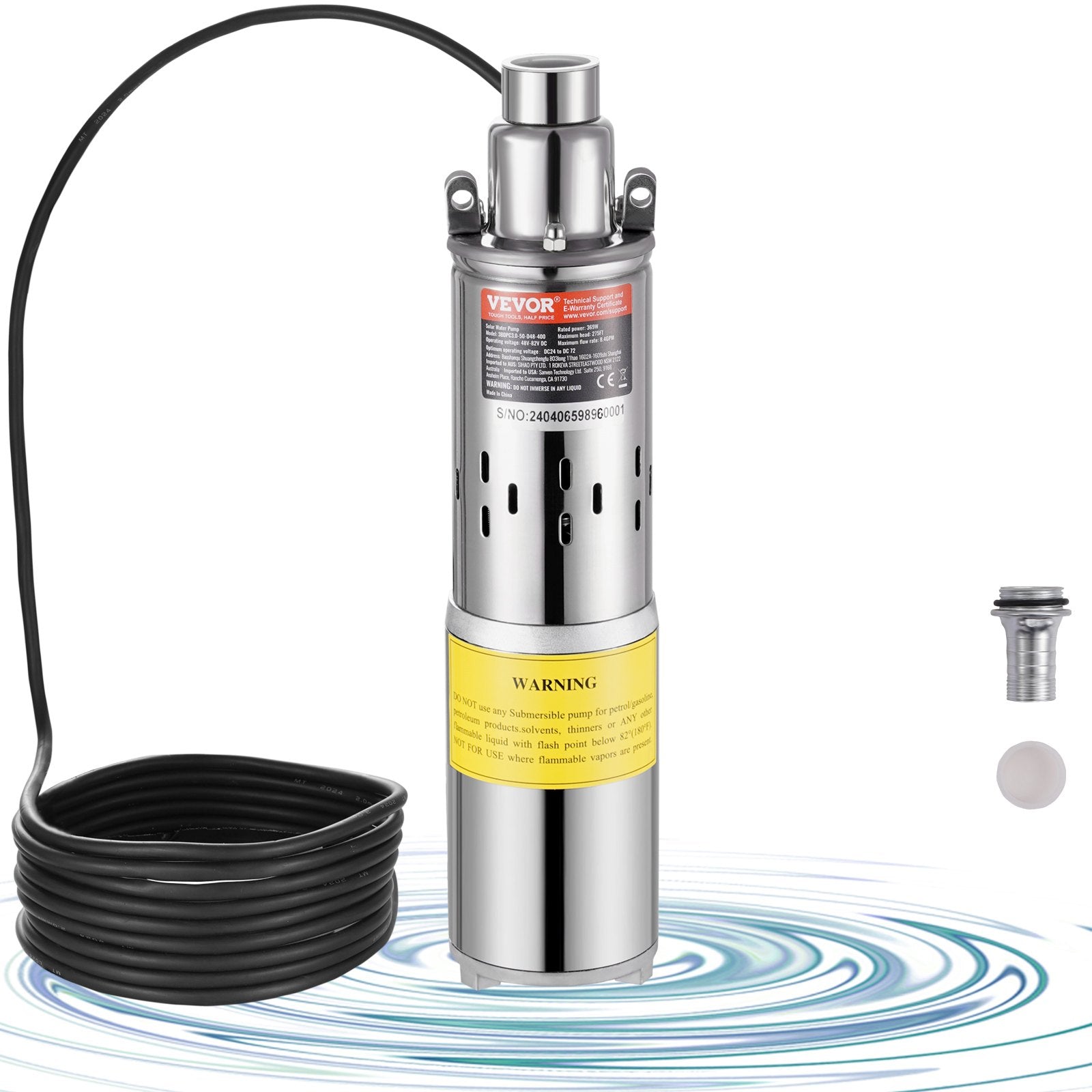 VEVOR Solar Water Pump, 48V DC 369W Submersible Deep Well Pump, Max Flow 8.4 GPM, Max Head 273 ft, Max Submersion 65.6 ft, Solar Powered Water Pump for Well, Farm Ranch Irrigation, Livestock Drinking 