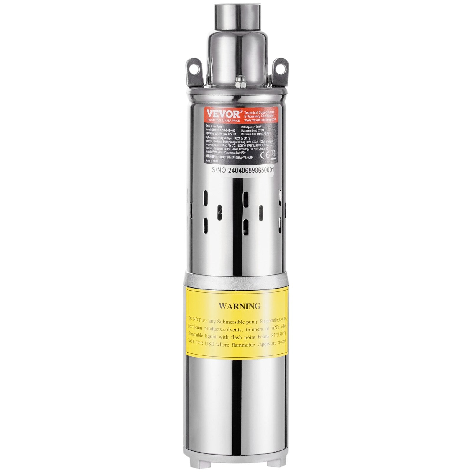 VEVOR Solar Water Pump, 48V DC 369W Submersible Deep Well Pump, Max Flow 8.4 GPM, Max Head 273 ft, Max Submersion 65.6 ft, Solar Powered Water Pump for Well, Farm Ranch Irrigation, Livestock Drinking 