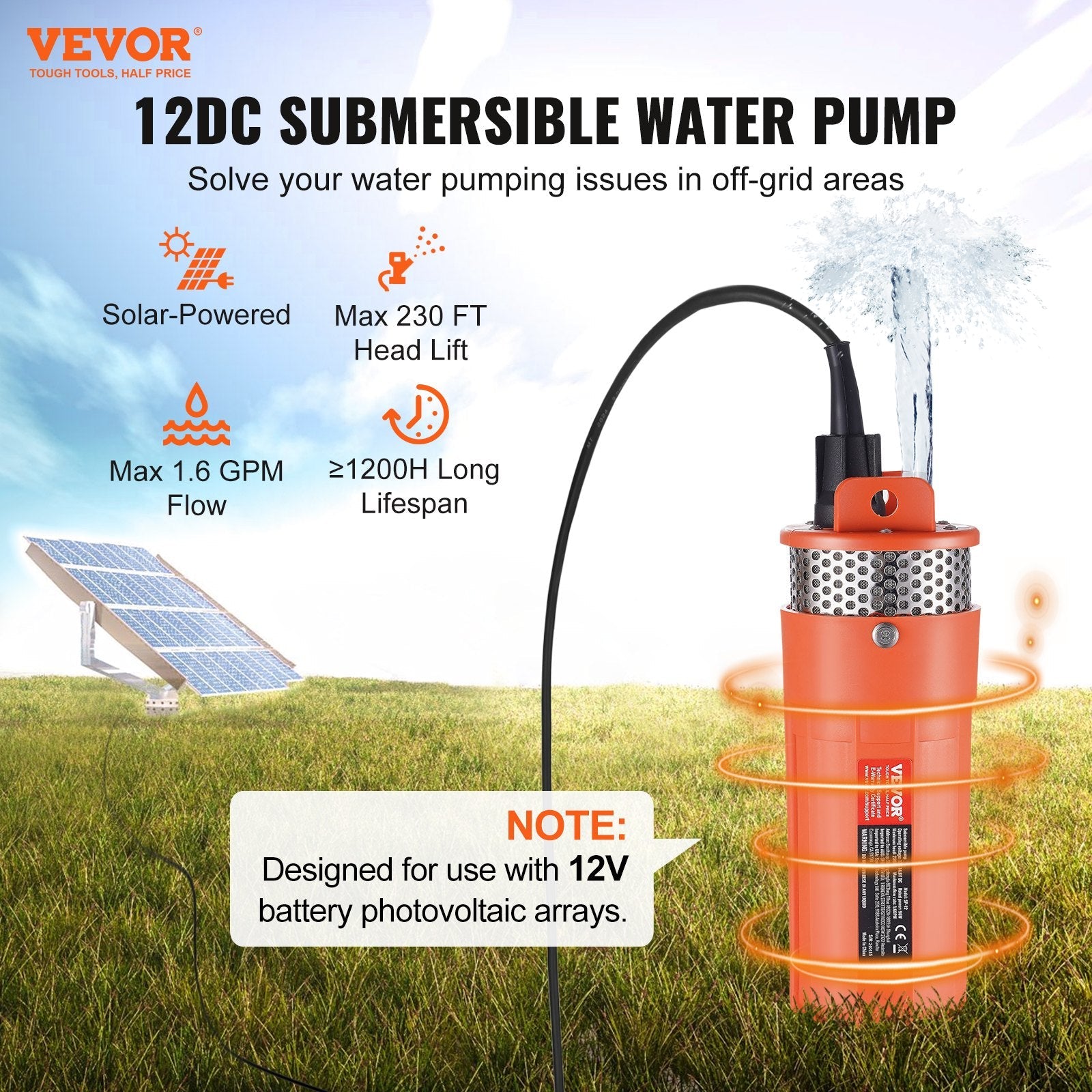 VEVOR Solar Water Pump, 12V DC 96W Submersible Deep Well Pump, Max Flow 1.6 GPM, Max Head 230 ft, Max Submersion 98.4 ft, Solar Powered Water Pump for Well, Farm Ranch Irrigation, Livestock Drinking 
