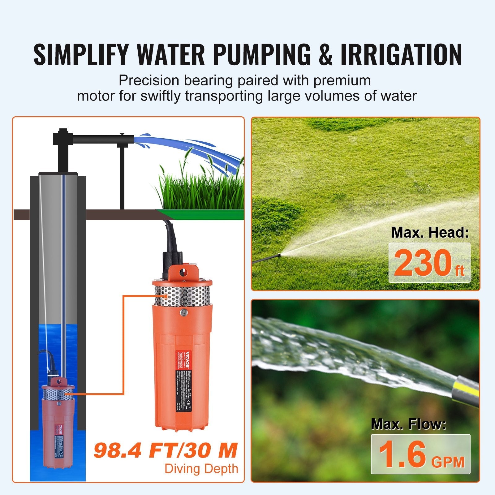 VEVOR Solar Water Pump, 12V DC 96W Submersible Deep Well Pump, Max Flow 1.6 GPM, Max Head 230 ft, Max Submersion 98.4 ft, Solar Powered Water Pump for Well, Farm Ranch Irrigation, Livestock Drinking 