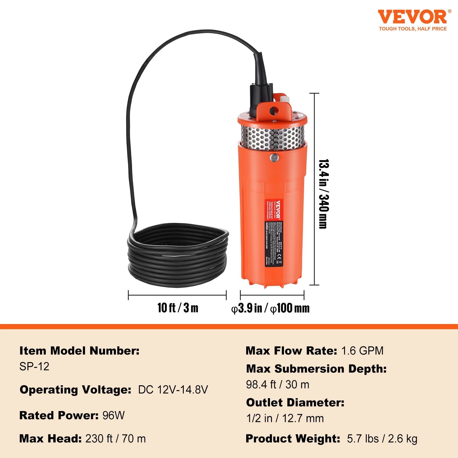 VEVOR Solar Water Pump, 12V DC 96W Submersible Deep Well Pump, Max Flow 1.6 GPM, Max Head 230 ft, Max Submersion 98.4 ft, Solar Powered Water Pump for Well, Farm Ranch Irrigation, Livestock Drinking 