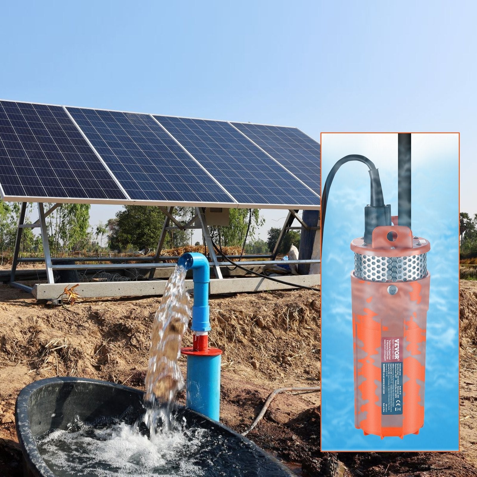 VEVOR Solar Water Pump, 12V DC 96W Submersible Deep Well Pump, Max Flow 1.6 GPM, Max Head 230 ft, Max Submersion 98.4 ft, Solar Powered Water Pump for Well, Farm Ranch Irrigation, Livestock Drinking 