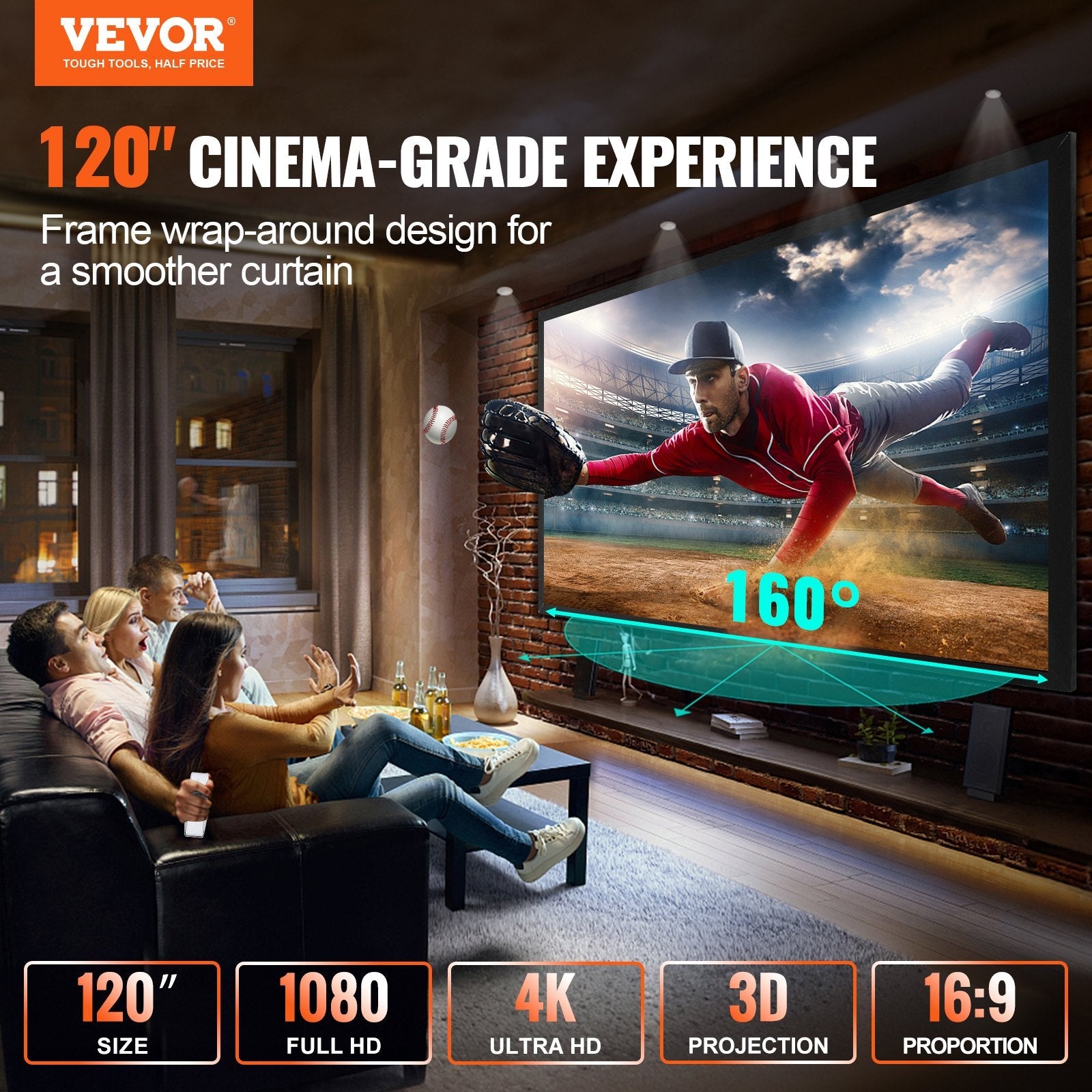 120" 16:9 Projector Screen Fixed Frame 4K HDTV Movie Theater 3D 