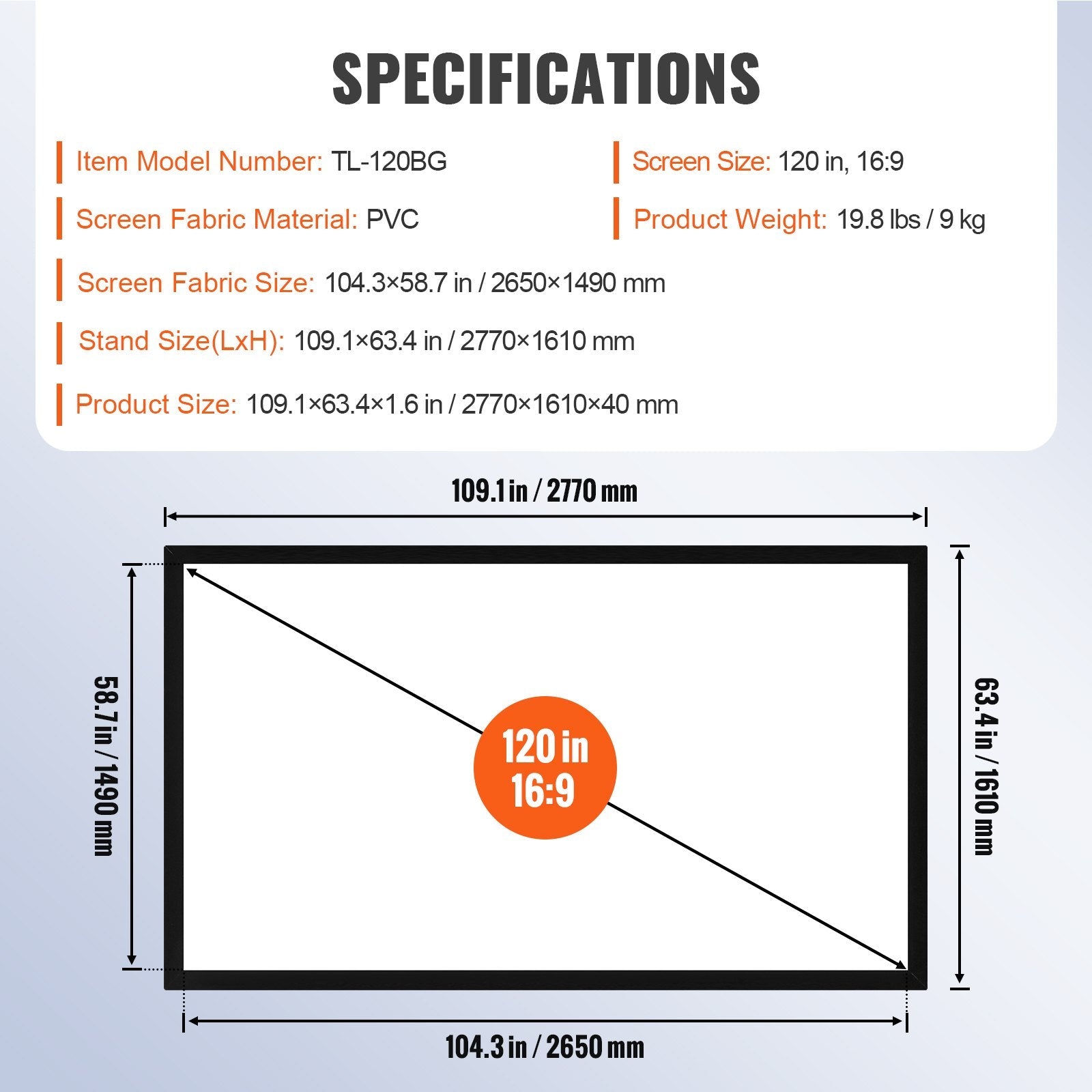 120" 16:9 Projector Screen Fixed Frame 4K HDTV Movie Theater 3D 