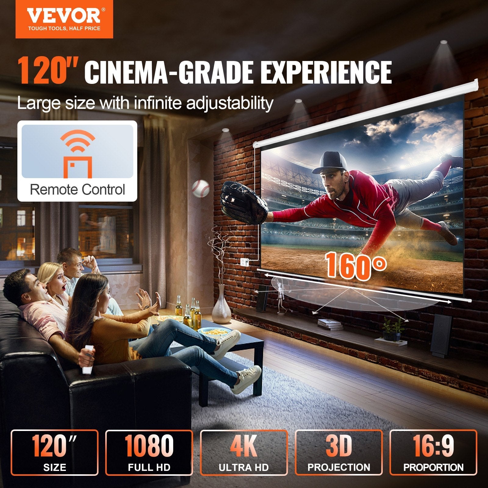 VEVOR Motorized Projector Screen, 120 inch 16:9 4K 1080 HD Electric Projector Screen, Automatic Projection Screen with Remote Control, Wall Mount Movie Screen for Family Home Office Theater 
