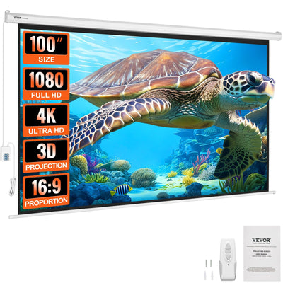 VEVOR Motorized Projector Screen, 100 inch 16:9 4K 1080 HD Electric Projector Screen, Automatic Projection Screen with Remote Control, Wall Mount Movie Screen for Family Home Office Theater 
