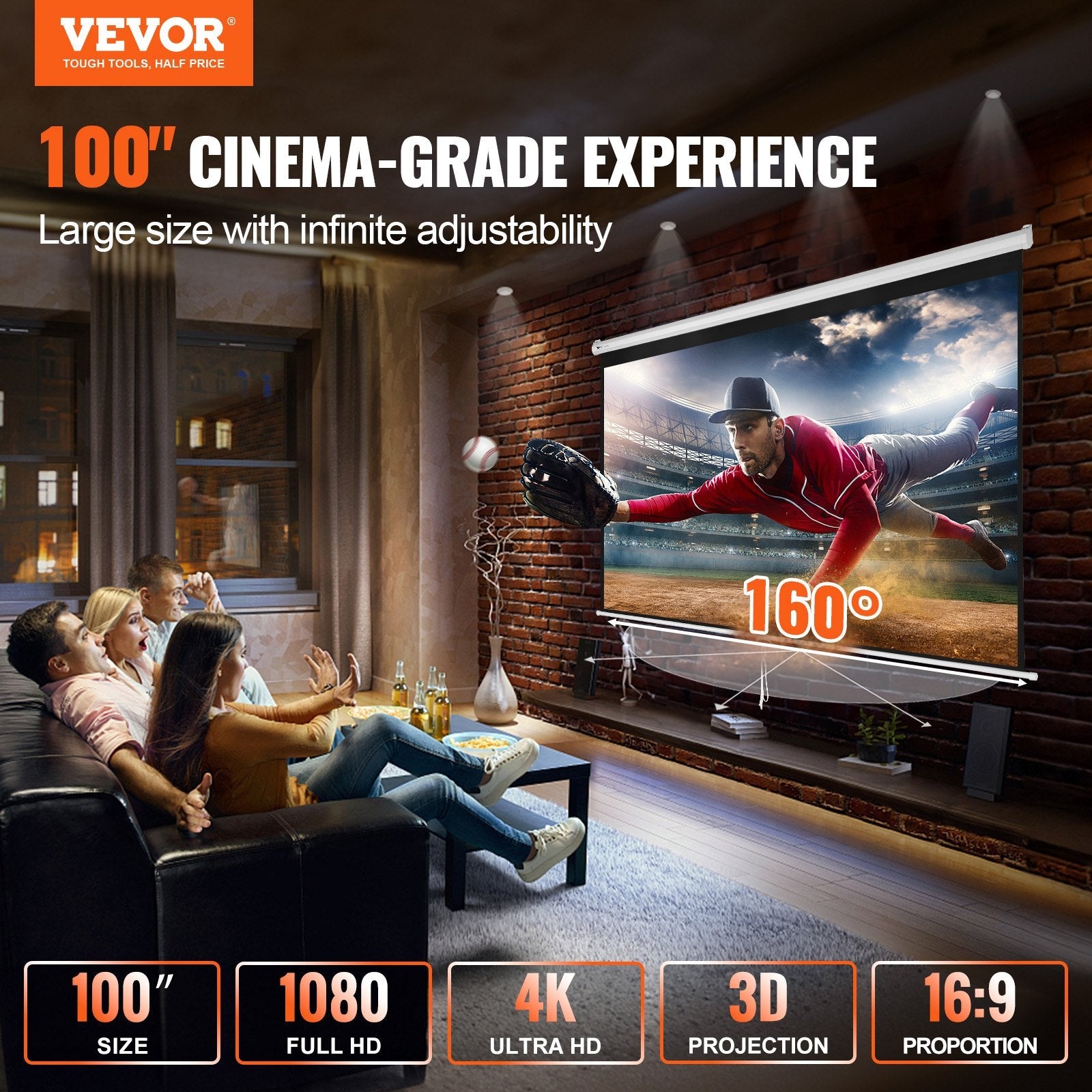 VEVOR Manual Pull Down Projector Screen, 100 inch 16:9 4K 1080 HD Retractable Projector Screen, Auto-Locking Portable Projection Screen, Portable Projector Movie Screen for Family Home Office Theater 