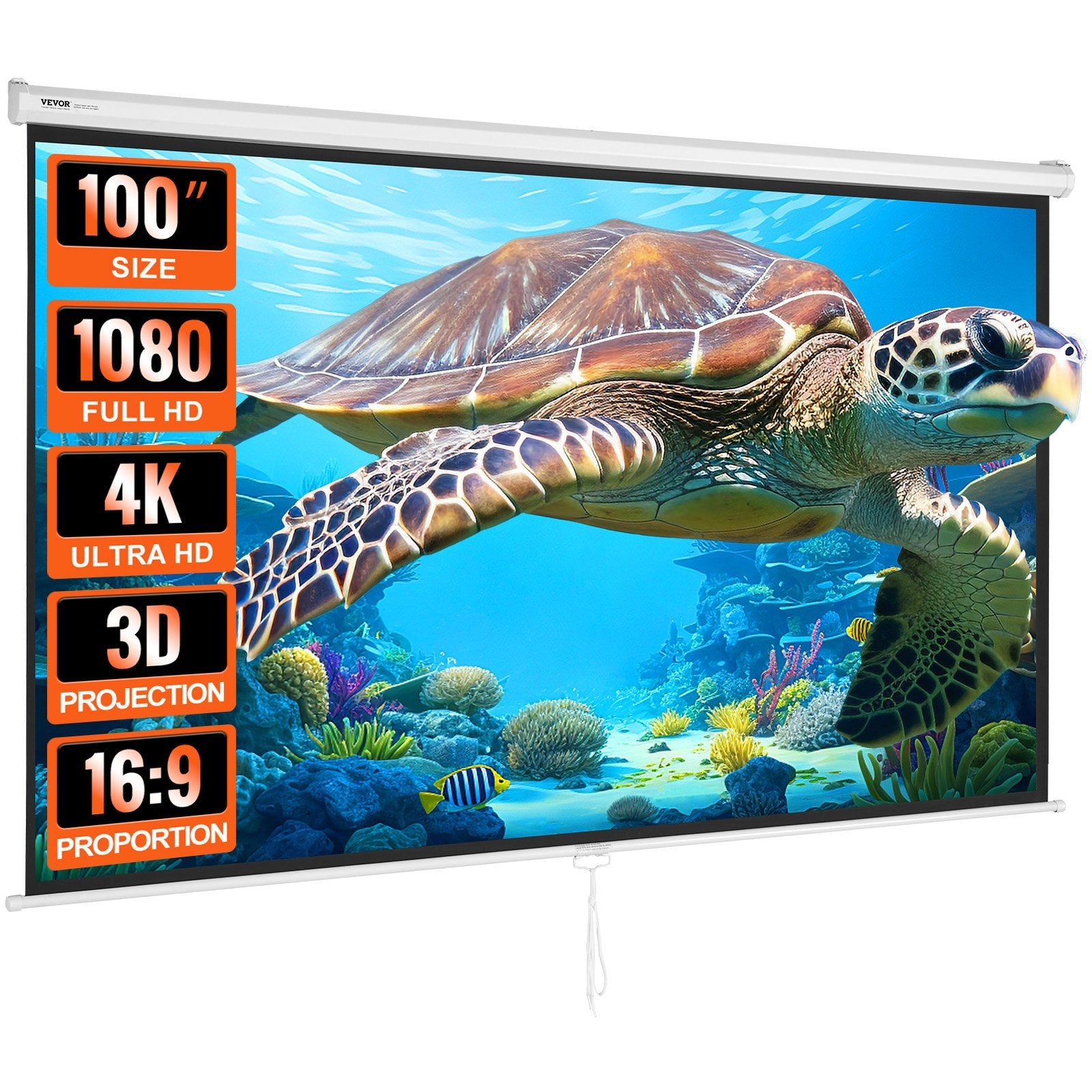 VEVOR Manual Pull Down Projector Screen, 100 inch 16:9 4K 1080 HD Retractable Projector Screen, Auto-Locking Portable Projection Screen, Portable Projector Movie Screen for Family Home Office Theater 