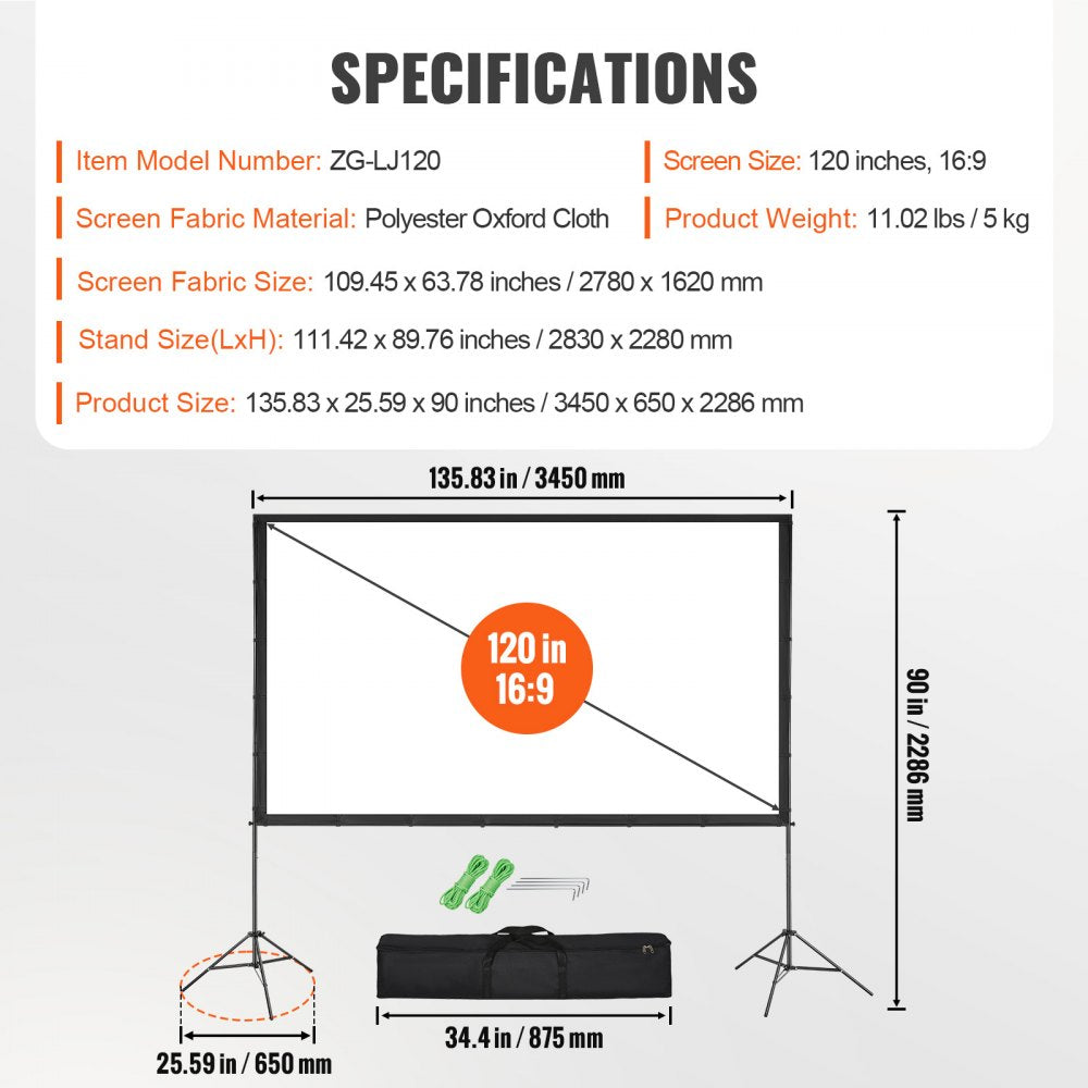 VEVOR Projector Screen with Stand, 120 inch 16:9 4K 1080 HD Outdoor Movie Screen with Stand, Wrinkle-Free Projection Screen with Tripods and Carry Bag, for Home Theater Cinema Backyard Movie Night 