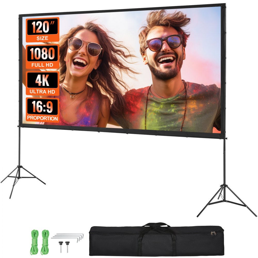 VEVOR Projector Screen with Stand, 120 inch 16:9 4K 1080 HD Outdoor Movie Screen with Stand, Wrinkle-Free Projection Screen with Tripods and Carry Bag, for Home Theater Cinema Backyard Movie Night 