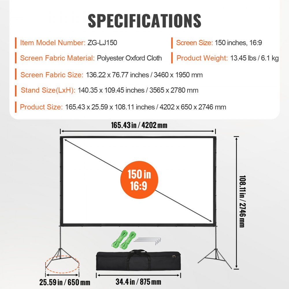 VEVOR Projector Screen with Stand, 150 inch 16:9 4K 1080 HD Outdoor Movie Screen with Stand, Wrinkle-Free Projection Screen with Tripods and Carry Bag 