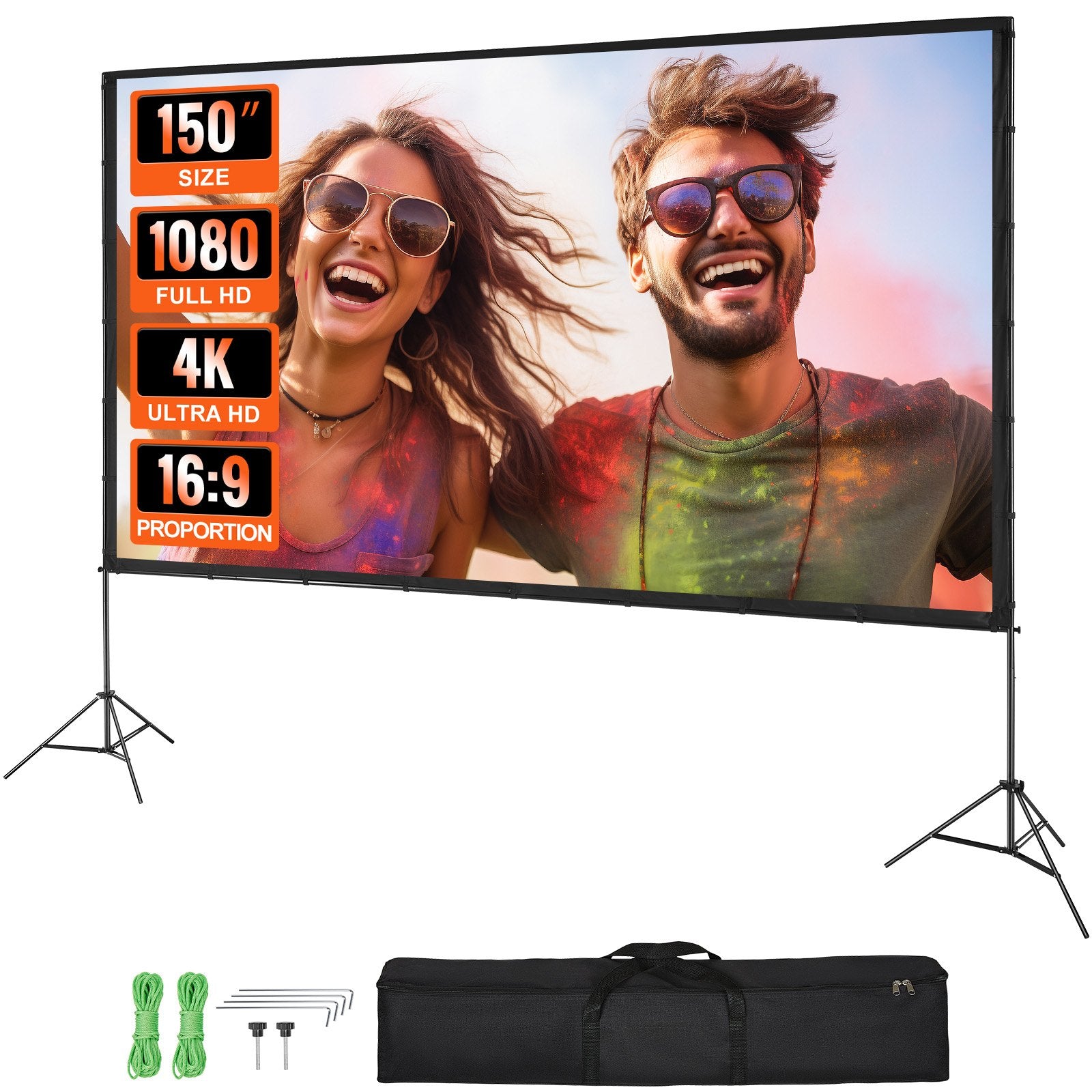 VEVOR Projector Screen with Stand, 150 inch 16:9 4K 1080 HD Outdoor Movie Screen with Stand, Wrinkle-Free Projection Screen with Tripods and Carry Bag 