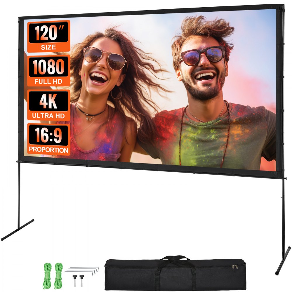 VEVOR Projector Screen with Stand, 120 inch 16:9 4K 1080 HD Outdoor Movie Screen with Stand, Wrinkle-Free Projection Screen with Bar Feet and Carry Bag, for Home Theater Cinema Backyard Movie Night 