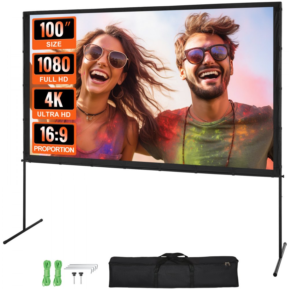 VEVOR Projector Screen with Stand, 100 inch 16:9 4K 1080 HD Outdoor Movie Screen with Stand, Wrinkle-Free Projection Screen with Bar Feet and Carry Bag, for Home Theater Cinema Backyard Movie Night 