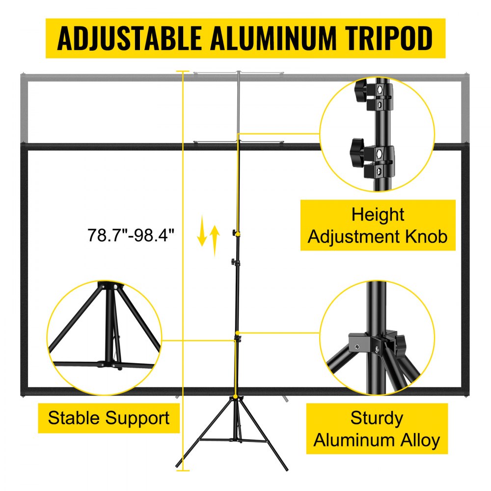 VEVOR Tripod Projector Screen with Stand 70 inch 16:9 4K HD Projection Screen Stand Wrinkle-Free Height Adjustable Portable Screen for Projector Indoor & Outdoor for Movie, Home Cinema, Gaming, Office 