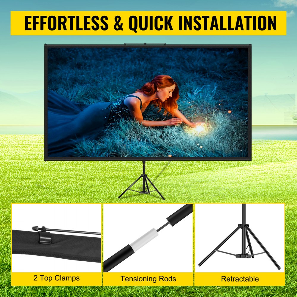 VEVOR Tripod Projector Screen with Stand 70 inch 16:9 4K HD Projection Screen Stand Wrinkle-Free Height Adjustable Portable Screen for Projector Indoor & Outdoor for Movie, Home Cinema, Gaming, Office 