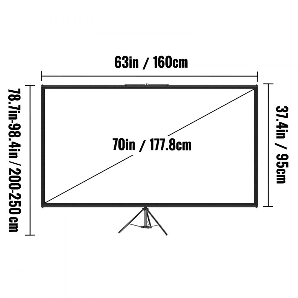 VEVOR Tripod Projector Screen with Stand 70 inch 16:9 4K HD Projection Screen Stand Wrinkle-Free Height Adjustable Portable Screen for Projector Indoor & Outdoor for Movie, Home Cinema, Gaming, Office 