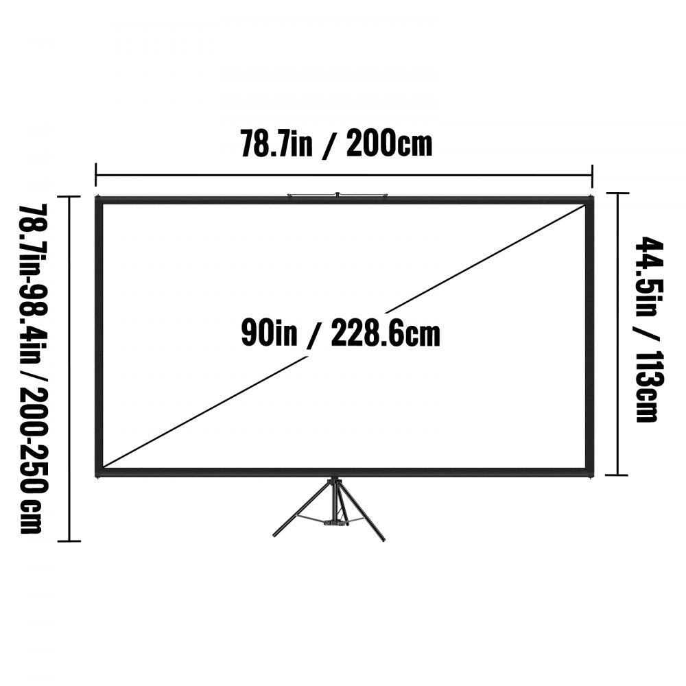 VEVOR Tripod Projector Screen with Stand 90 inch 16:9 4K HD Projection Screen Stand Wrinkle-Free Height Adjustable Portable Screen for Projector Indoor & Outdoor for Movie, Home Cinema, Gaming, Office 