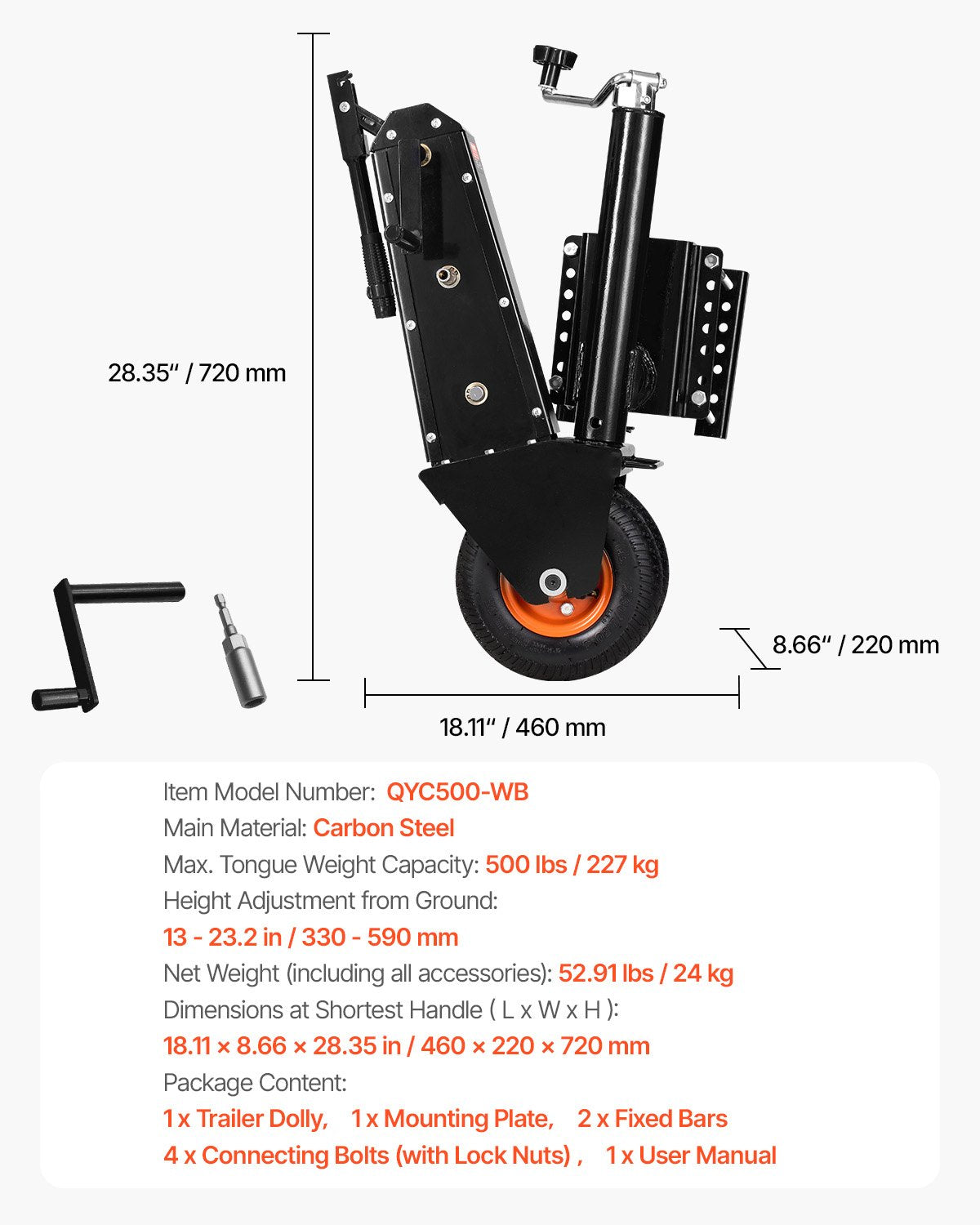 Trailer Dolly 500lbs Tongue Weight Capacity 13 to 23.2 inch Height Adjustable 