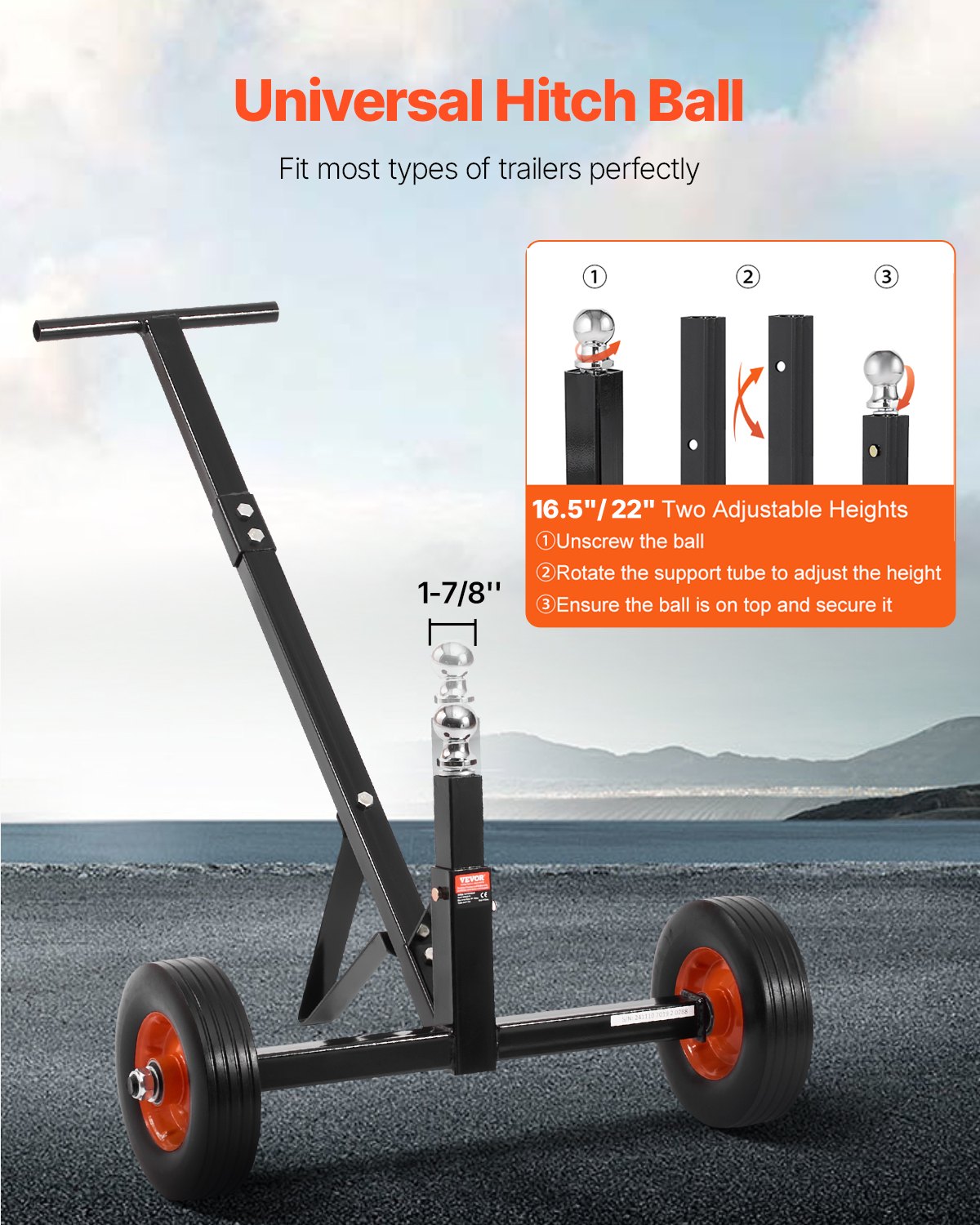 600lbs Trailer Dolly 16.5 and 22 inAdjustable Height 1-7/8 in Ball Solid Tires 