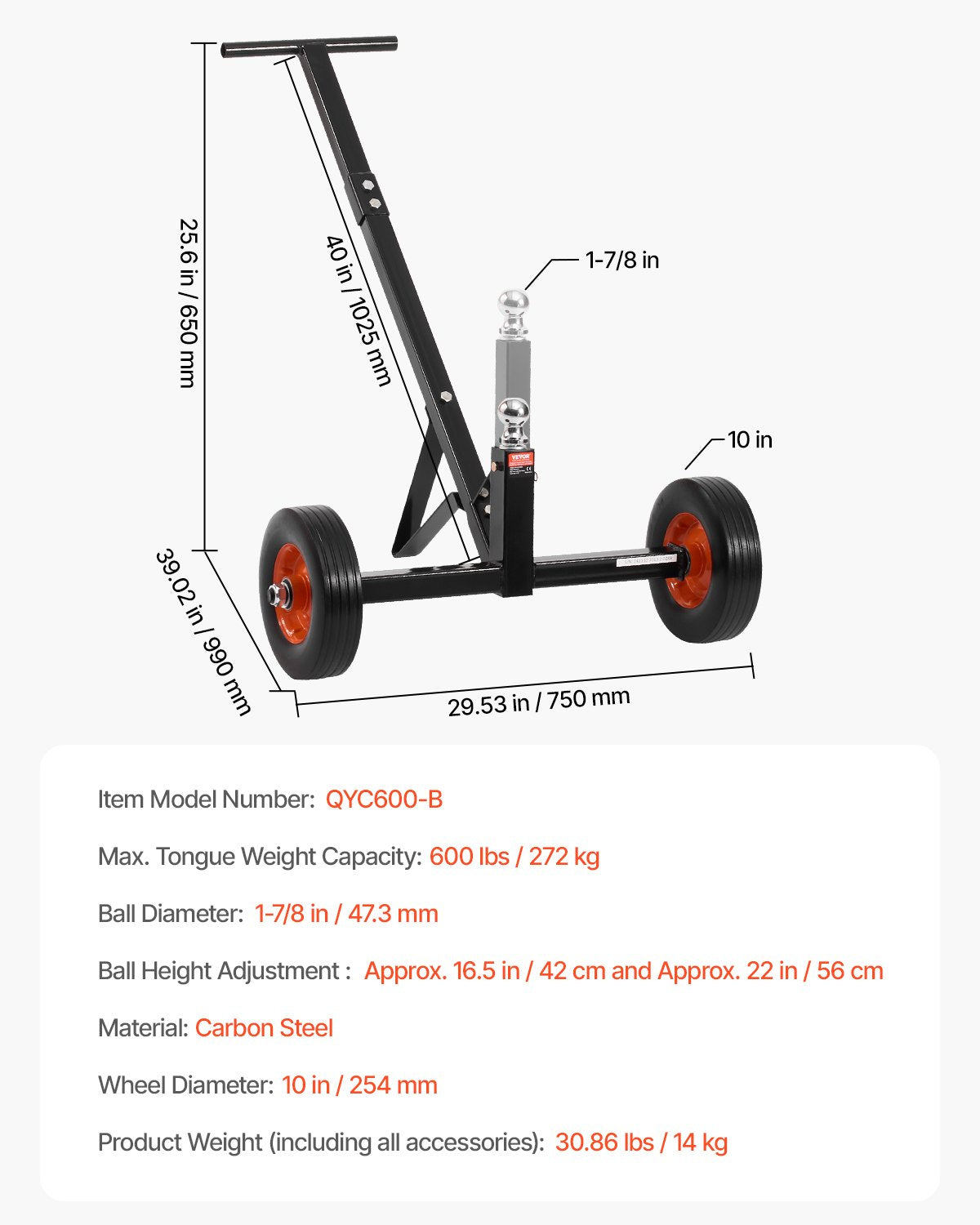 600lbs Trailer Dolly 16.5 and 22 inAdjustable Height 1-7/8 in Ball Solid Tires 