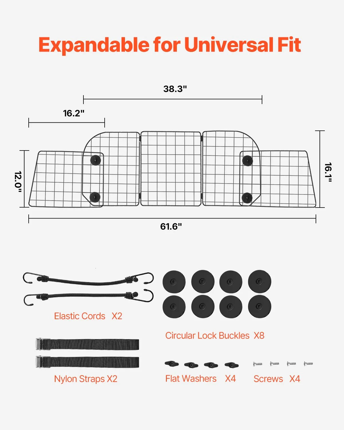VEVOR Dog Car Barrier 38.5"-61.6" Adjustable Pet Divider Gate for Cargo Area