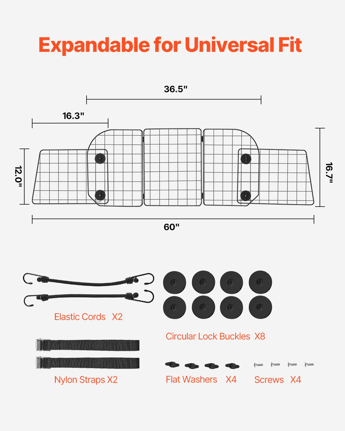 VEVOR Dog Car Barrier 36.6"-60" Adjustable Pet Divider Gate for Cargo Area 