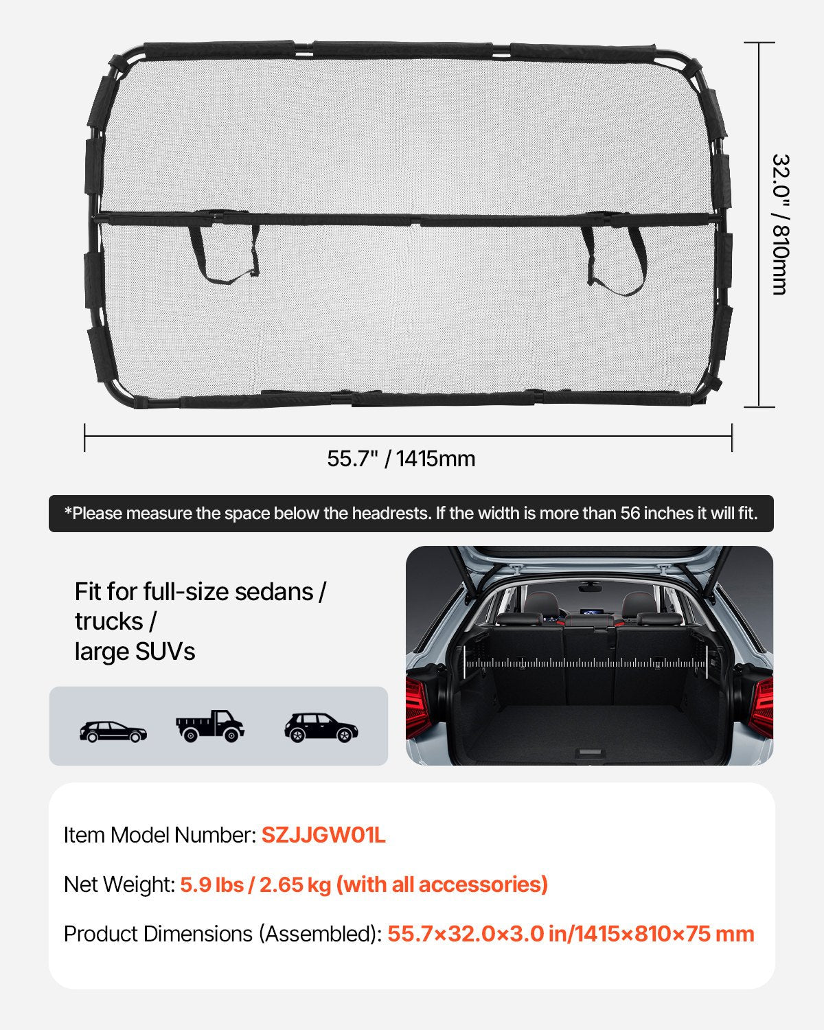 VEVOR Dog Car Barrier 56" Wide Front Seats Installation Car Divider for SUVs 