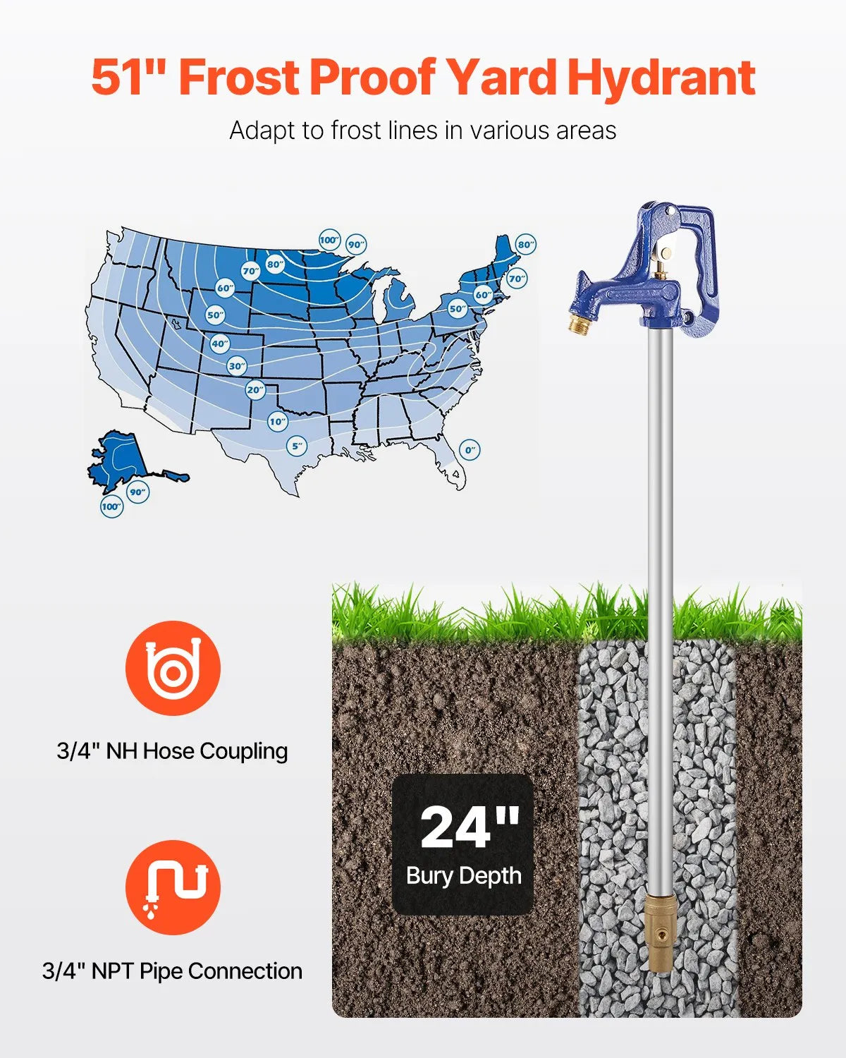 VEVOR Frost Proof Yard Hydrant 51'' Length 24" Bury Depth Heavy-Duty Cast Iron