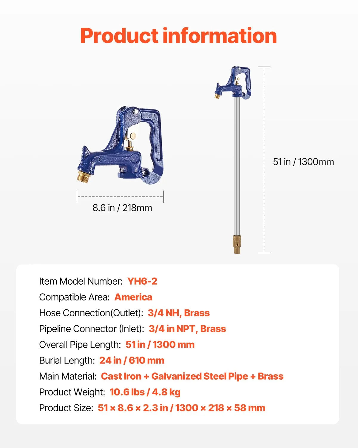 VEVOR Frost Proof Yard Hydrant 51'' Length 24" Bury Depth Heavy-Duty Cast Iron