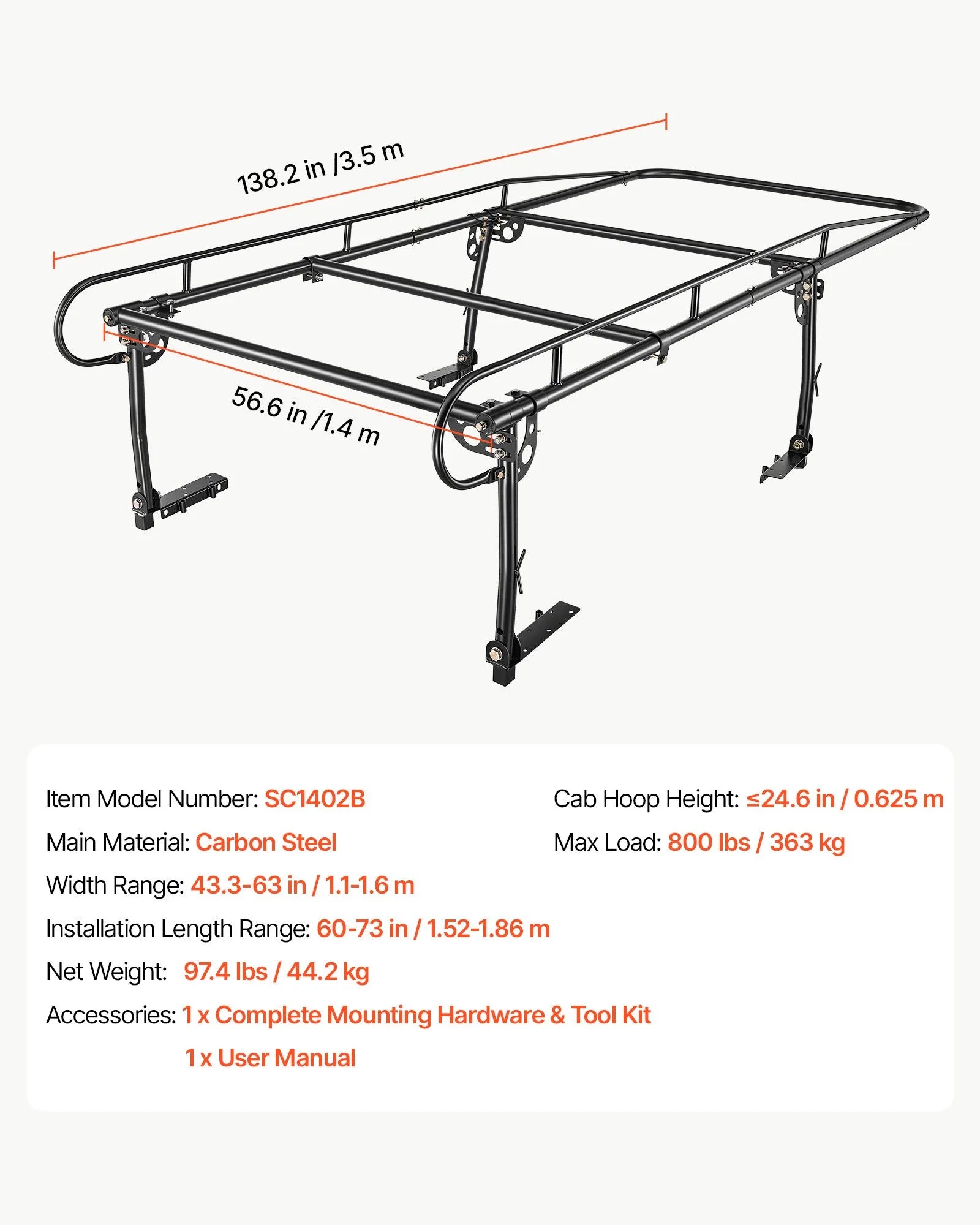 Universal Truck Ladder Rack – 800 lb Heavy-Duty Adjustable Over-Cab Bed Rack for Ladders, Lumber & Kayaks