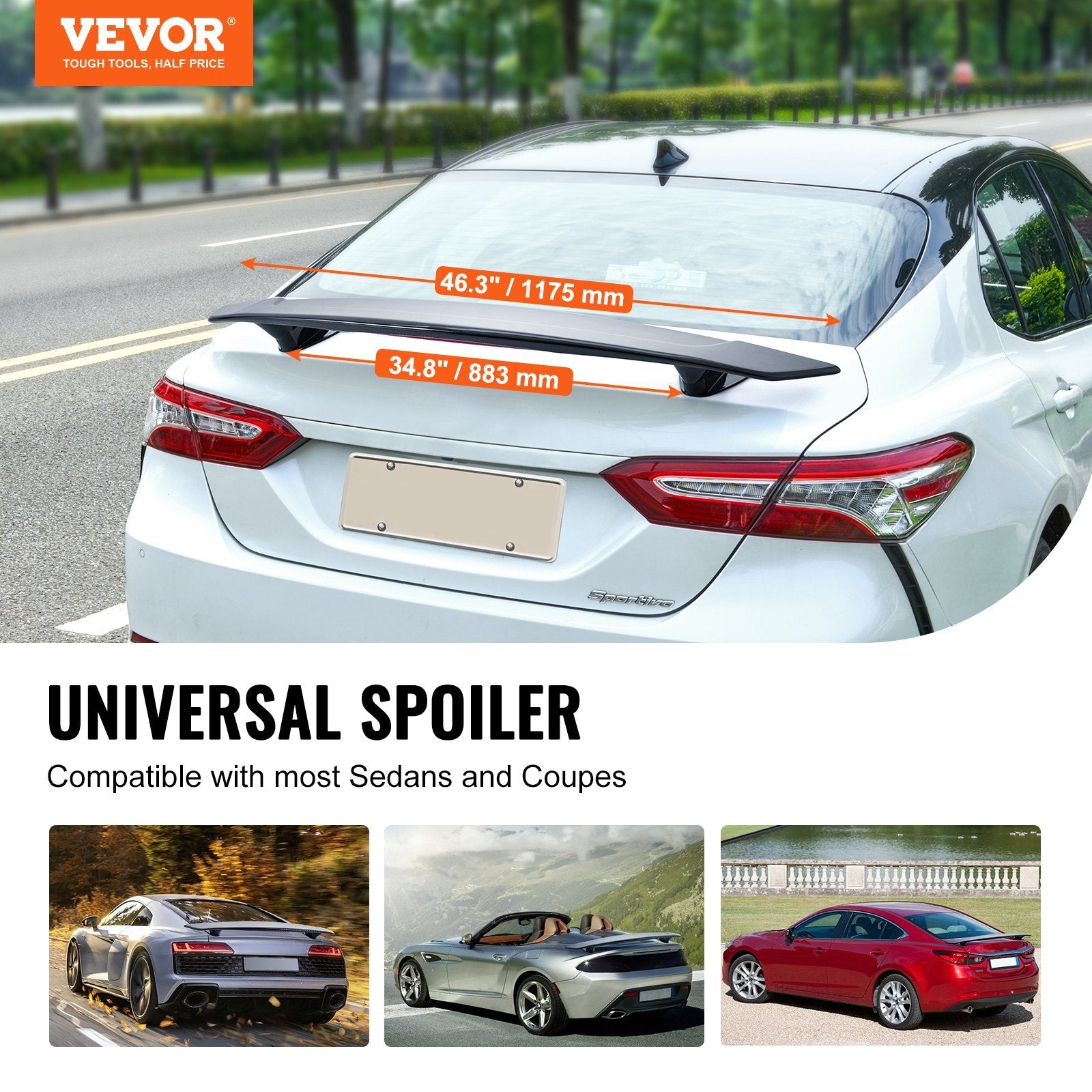 SKYSHALO GT Wing Car Spoiler, 46.3" Universal Fit, Suits Many Sedans & Coupes, Durable ABS Build, Rear Vehicle Spoiler, Racing Style BGW/JDM Drift, Sleek Gloss Black 