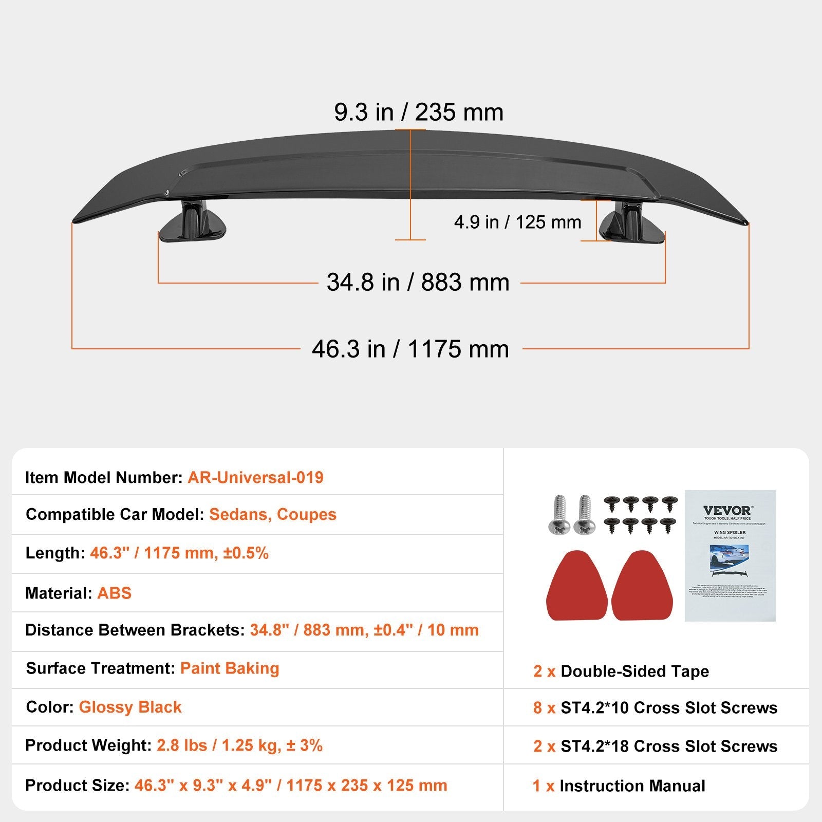 SKYSHALO GT Wing Car Spoiler, 46.3" Universal Fit, Suits Many Sedans & Coupes, Durable ABS Build, Rear Vehicle Spoiler, Racing Style BGW/JDM Drift, Sleek Gloss Black 
