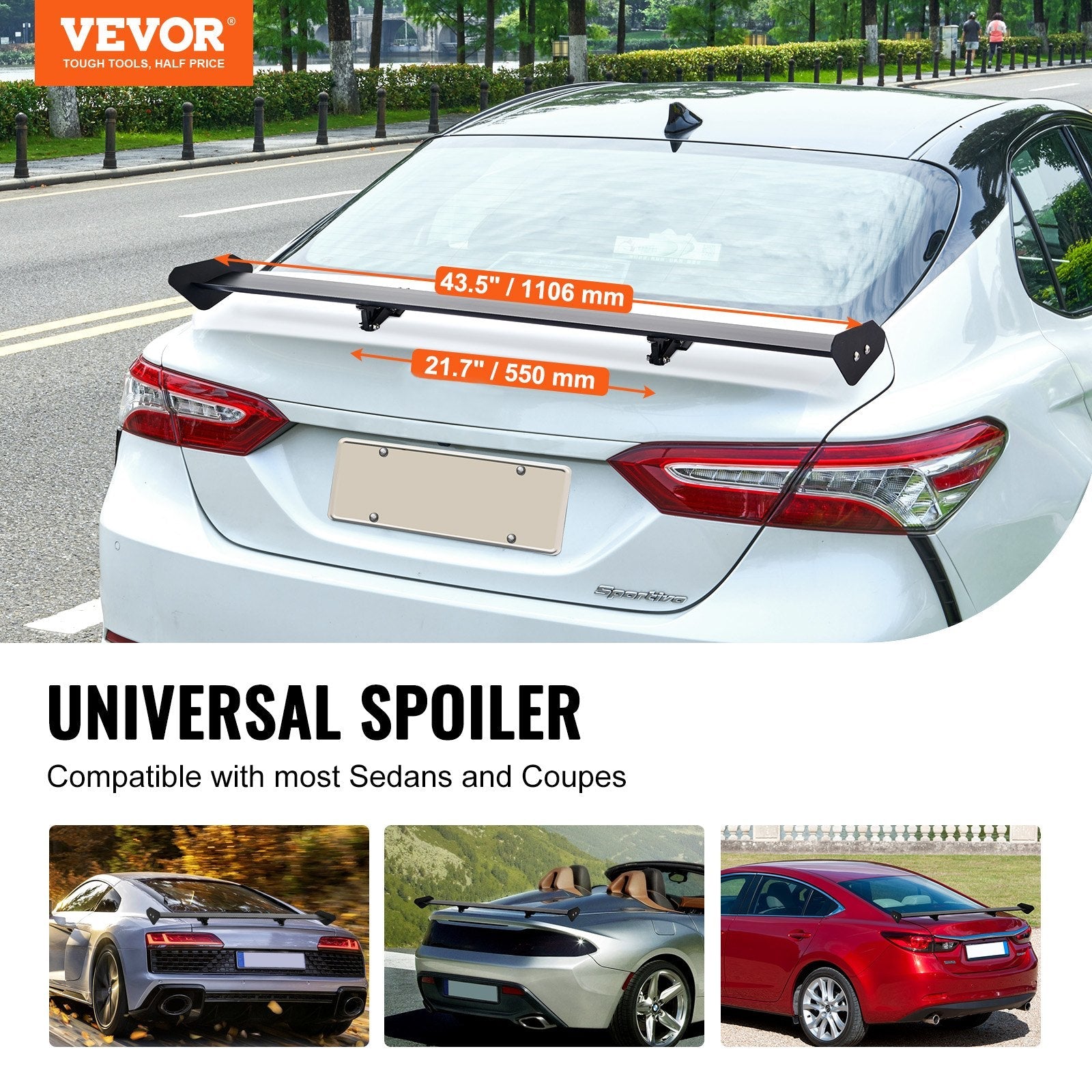 VEVOR GT Wing Car Spoiler, 43.3 inch Universal Spoiler with Single Deck, Adjustable Lightweight Aluminum, Car Rear Spoiler Wing, Racing Spoiler BGW/JDM Drift Black 