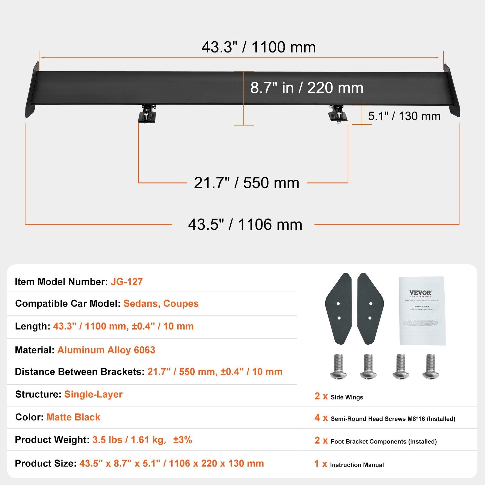 VEVOR GT Wing Car Spoiler, 43.3 inch Universal Spoiler with Single Deck, Adjustable Lightweight Aluminum, Car Rear Spoiler Wing, Racing Spoiler BGW/JDM Drift Black 