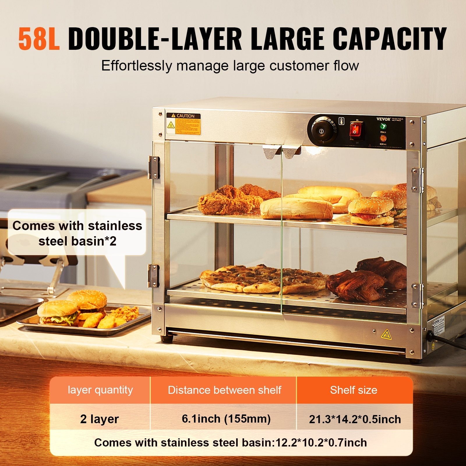 VEVOR 2-Tier Commercial Food Warmer Display Countertop Pizza Cabinet with Light 
