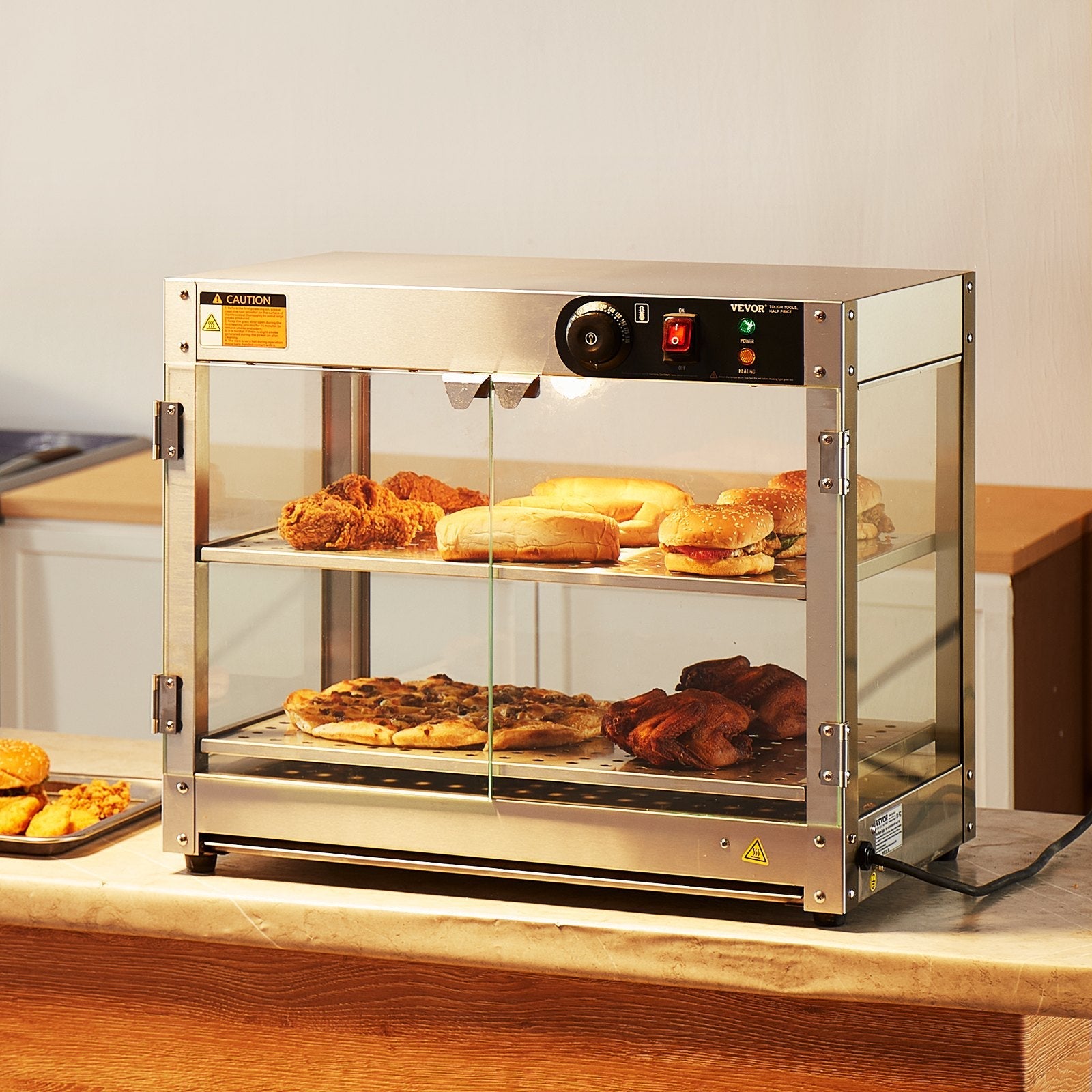 VEVOR 2-Tier Commercial Food Warmer Display Countertop Pizza Cabinet with Light 
