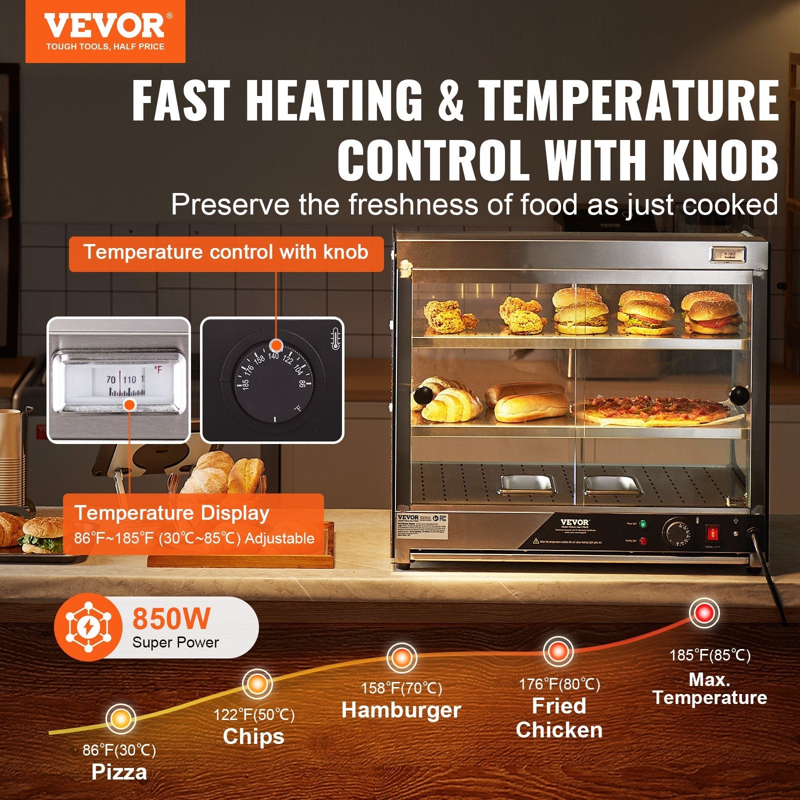VEVOR 2-Tier Commercial Food Warmer Display Countertop Pizza Cabinet with Tong 