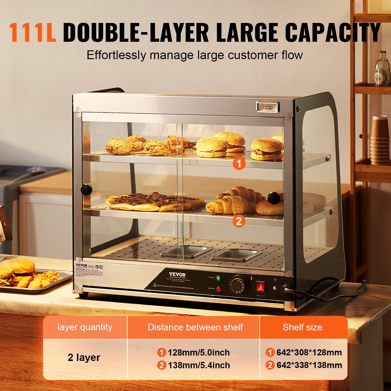 VEVOR 2-Tier Commercial Food Warmer Display Countertop Pizza Cabinet with Tong 