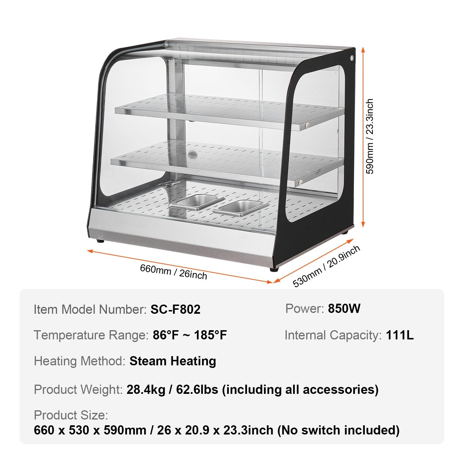 VEVOR 2-Tier Commercial Food Warmer Display Countertop Pizza Cabinet with Tong 