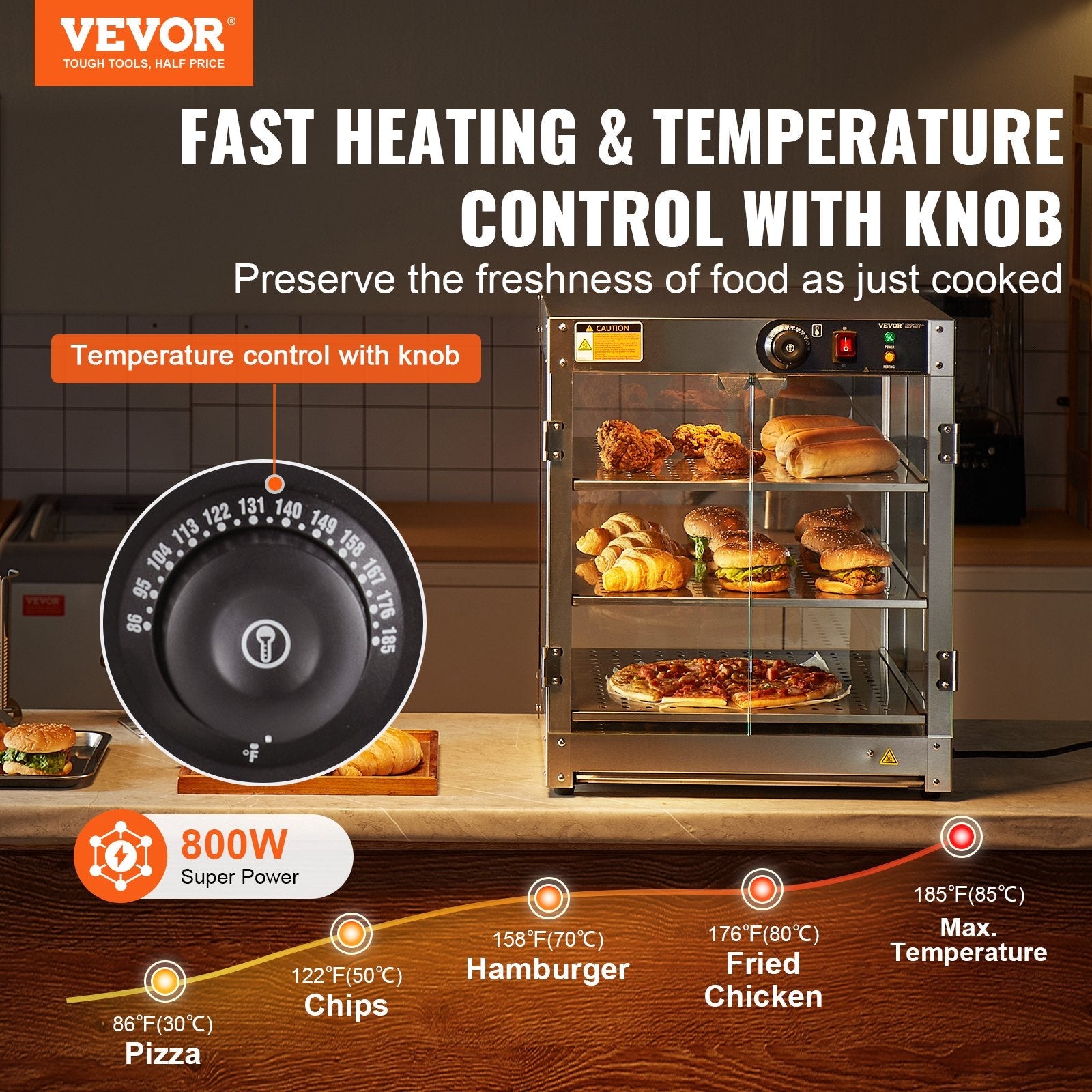 VEVOR 3-Tier Commercial Food Warmer Display Countertop Pizza Cabinet with Light 