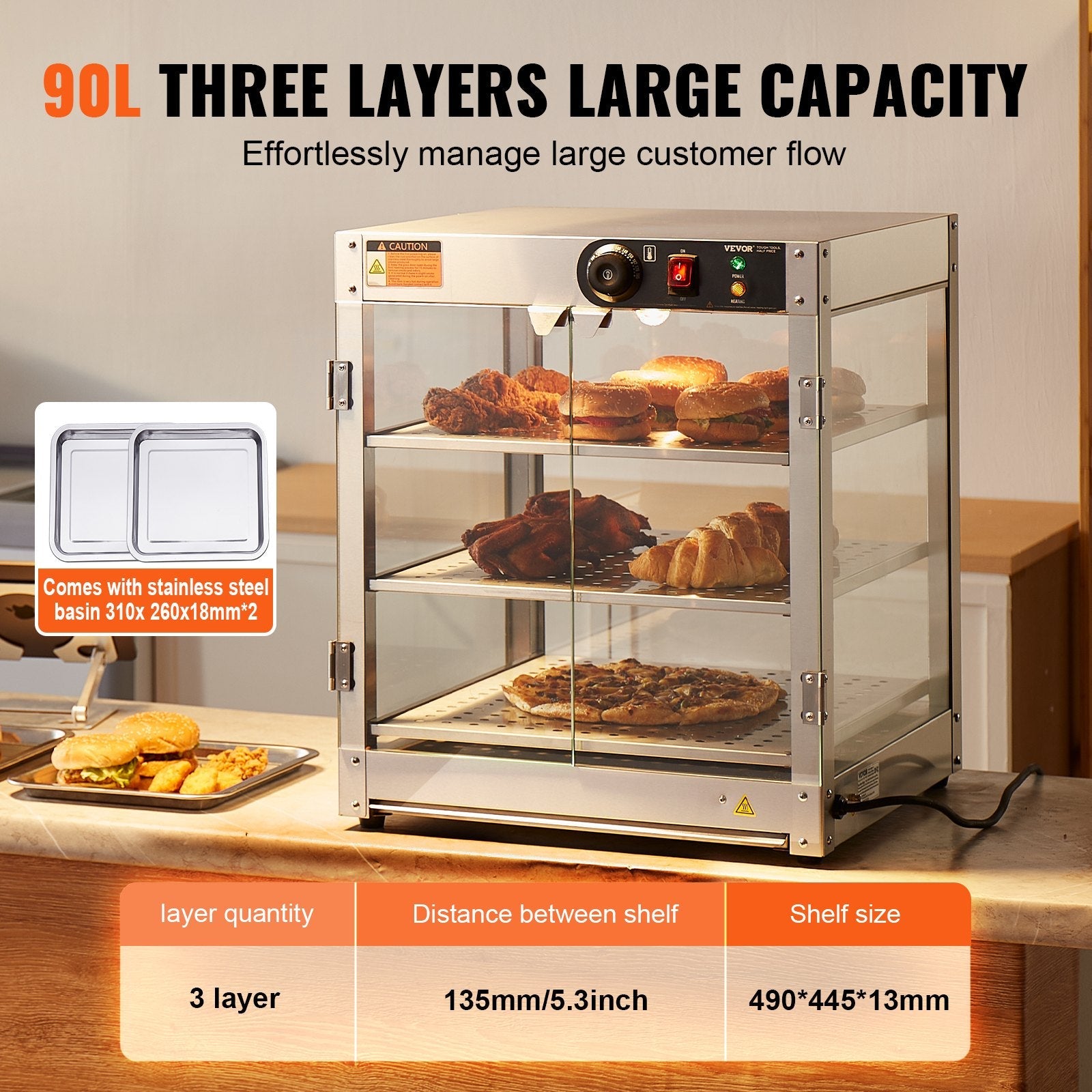 VEVOR 3-Tier Commercial Food Warmer Display Countertop Pizza Cabinet with Light 