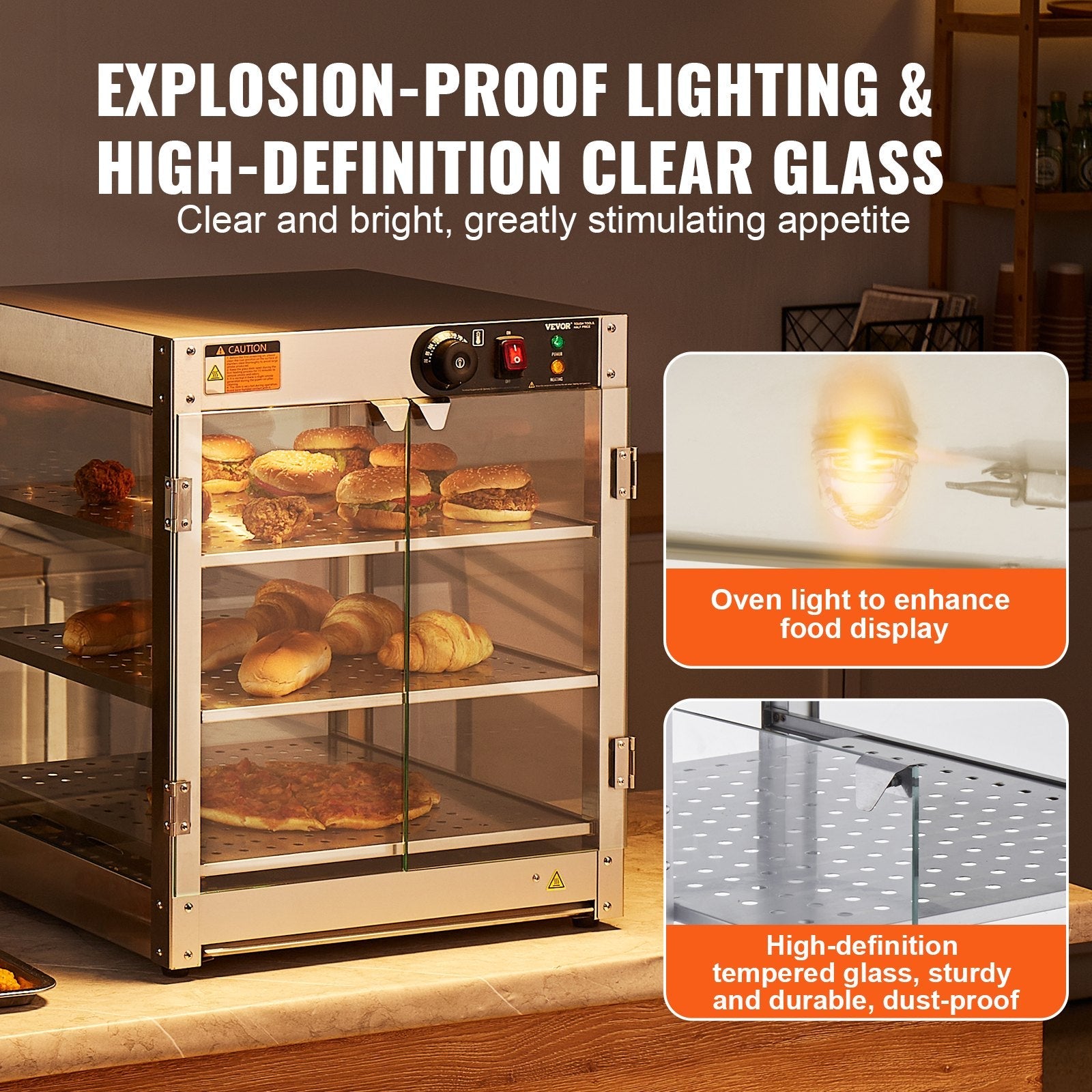 VEVOR 3-Tier Commercial Food Warmer Display Countertop Pizza Cabinet with Light 