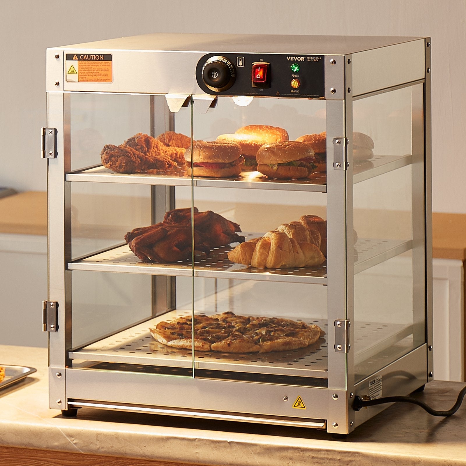 VEVOR 3-Tier Commercial Food Warmer Display Countertop Pizza Cabinet with Light 